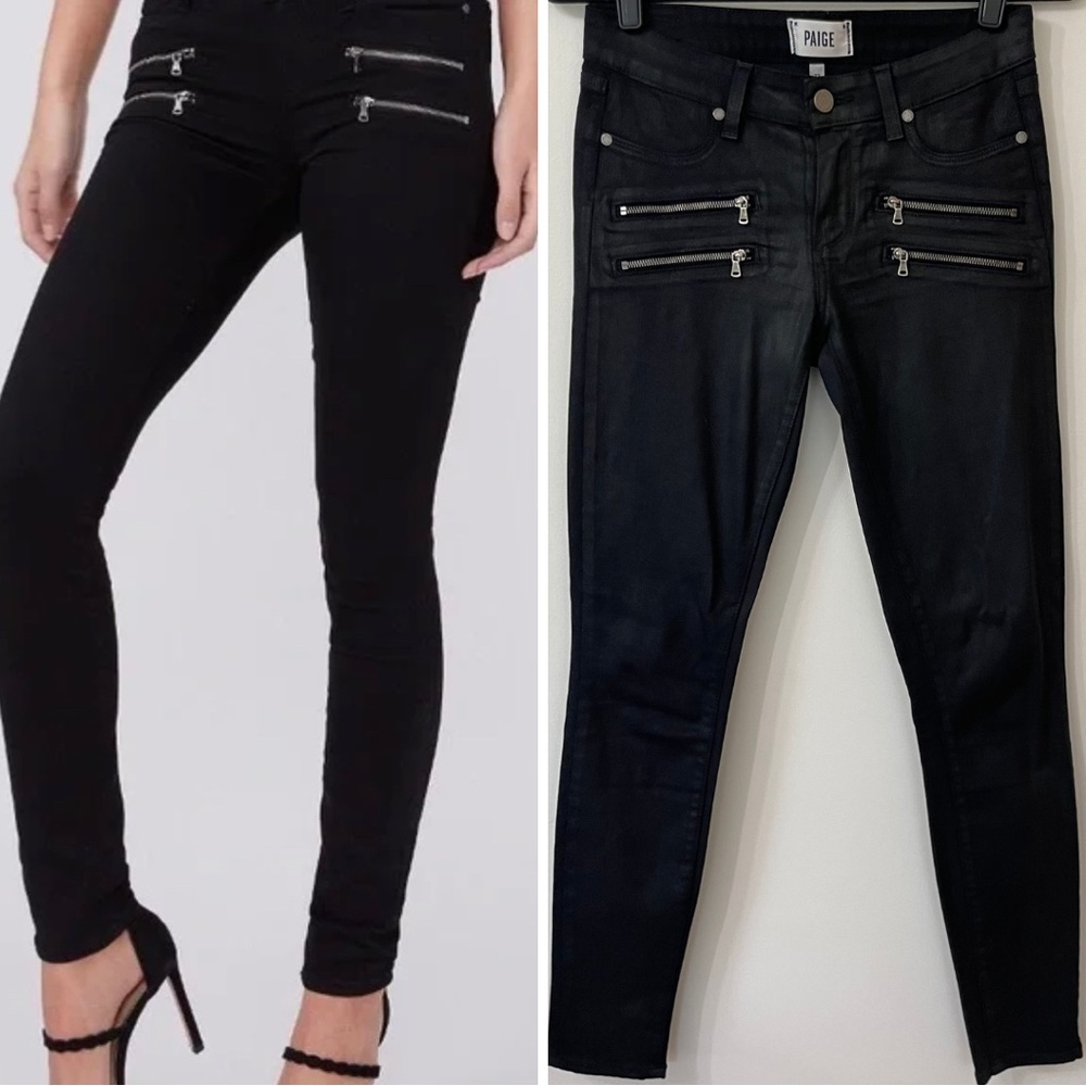 PAIGE Edgemont Jeans Black Sheen Double Zipper Detailing 27